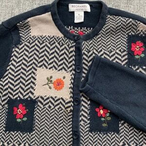 Bechamel Petites PL Navy Blue Embroidered Floral Patchwork Cardigan Sweater